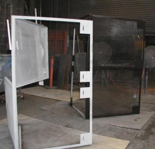 Expanded metal welded mesh in angle iron frames with hinges and pad lockable hasps can be made as window guards, security doors, HVAC dunnage protection, or security cage rooms in any shape or form and cut around pipes etc. for commercial, industrial, institution facilities. (Bronx, Brooklyn, Manhattan, Queens, Staten Island, Long Island, up state NY, New Jersey, Philadelphia PA) 1 of 2