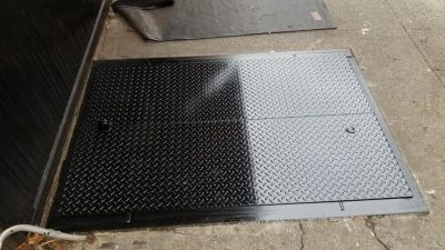Diamond plate flat sidewalk cellar door replacement fabricated and installed in New York City by Steel Masters