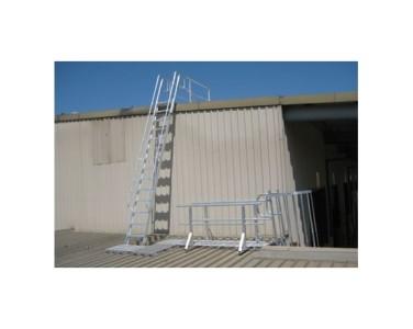 Simple steel fixed roof access ladder side rails landing