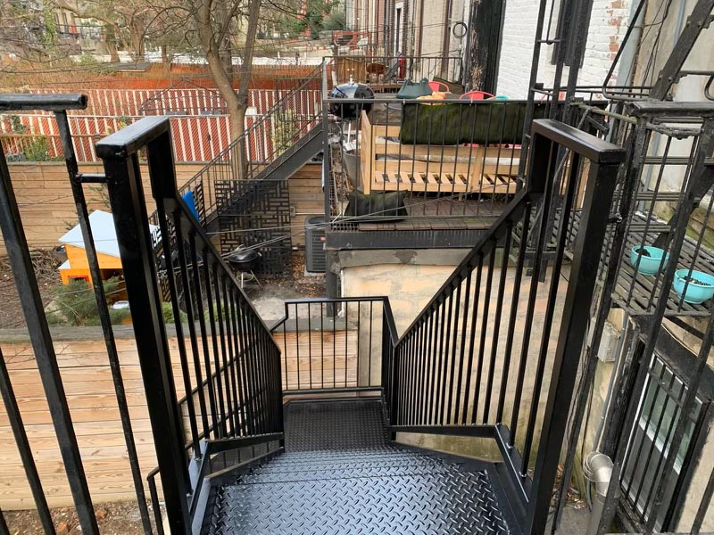 long steel backyard stairs landing tube railings