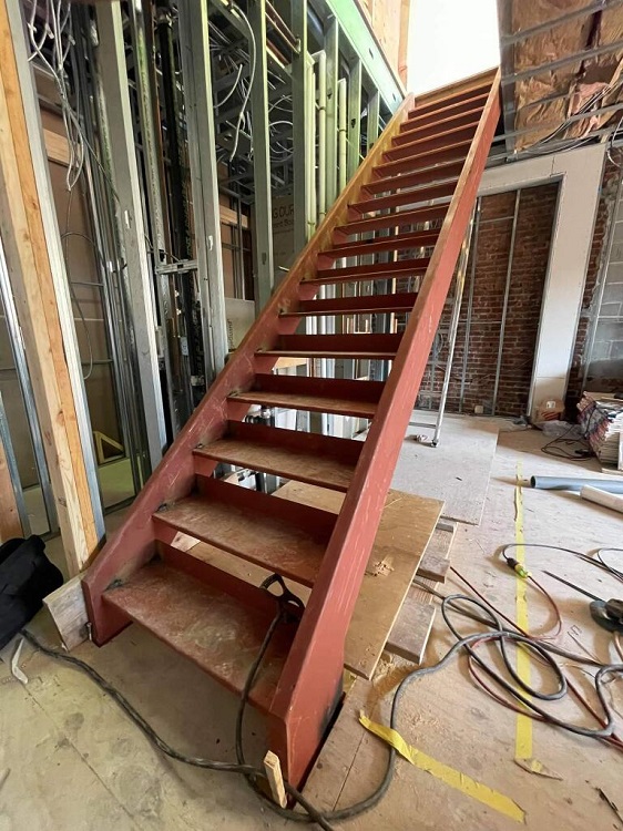 Structural steel tube stringer stairs prepped for marble or wood steps, Gravesend Brooklyn