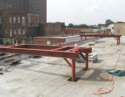 Roof dunnage unit bases mounted  roof building structural beams